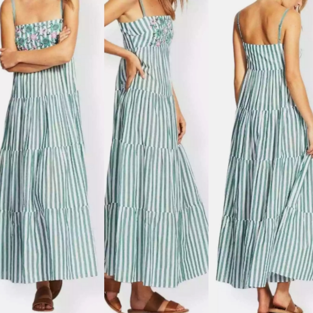 Seafolly Australia Embroidery Striped Spaghetti Straps Long Maxi Dress Small New